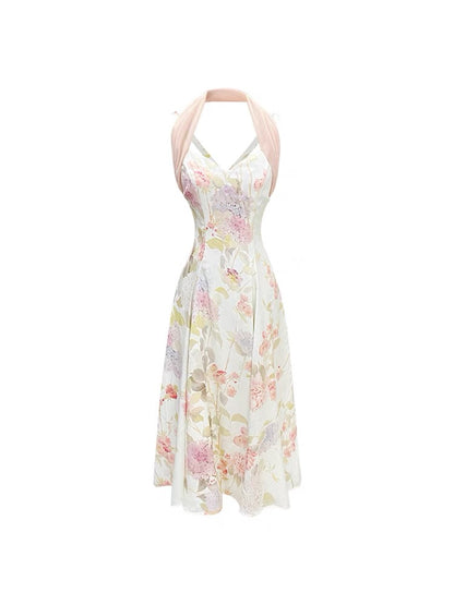 DoggyQin drunk spring mandarin duck/new French halterneck retro elegant slim slim Monroe print dress