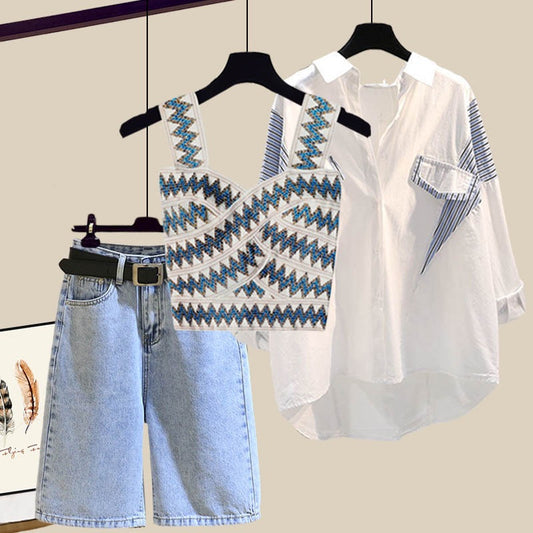 Internet celebrity fried street three-piece design vest shirt denim shorts summer hot girl suit 2022 new female