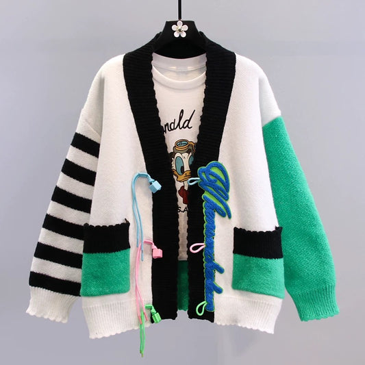 Contrast color design sweater jacket women's autumn and winter 2022 new Korean version loose and lazy style knitted cardigan