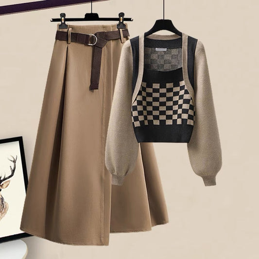 Autumn Xiaoxiangfeng ladies temperament suit early swing bird short sweater top autumn skirt women's two-piece set
