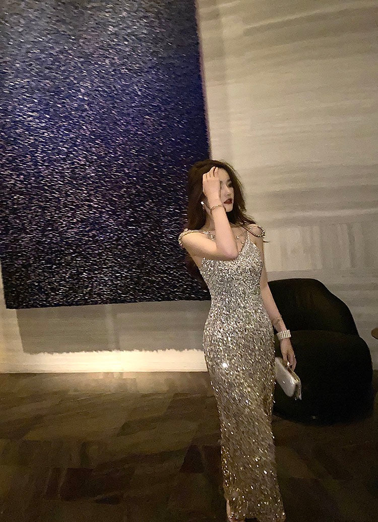Qianda Original Design Noble Gradient Gold Sequin Long Dress Dress Birthday Party Banquet Dress