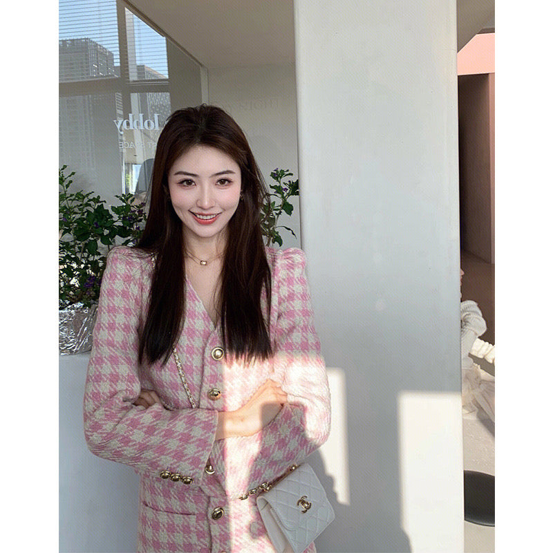 Pink small fragrant wind suit skirt women 2022 autumn new high-end casual fashion celebrity skirt two-piece set