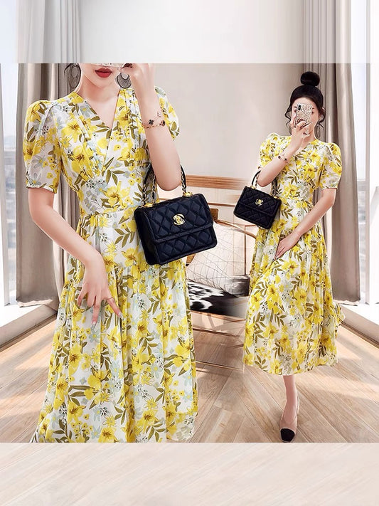 French romantic skirt women's 2022 new summer dress mid-length chiffon floral small fresh royal sister fan dress