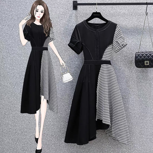 2022 summer new large size women's decoration body is thin Hepburn style stitching houndstooth temperament irregular dress
