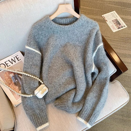 Korean simple and niche gray pullover sweater women's early autumn 2022 new all-match loose casual outer top trend
