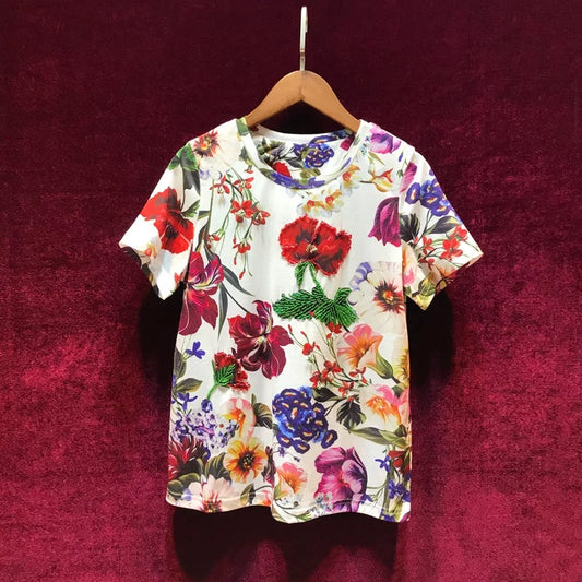 European station European goods heavy industry beading temperament short-sleeved printing high-end color t-shirt female ins trendy niche ladies top