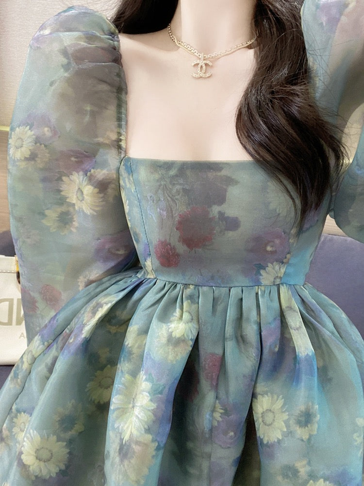 Princess tutu skirt 2023 spring new sweet French square collar organza puff sleeve floral dress female summer