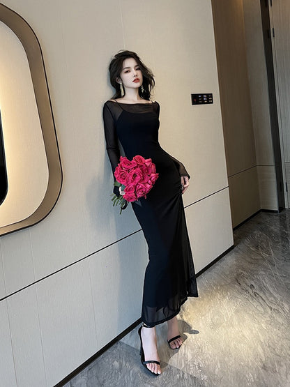 European station French Hepburn style high-end sexy royal sister sexy dress autumn and winter new slim fit slim blouse long skirt
