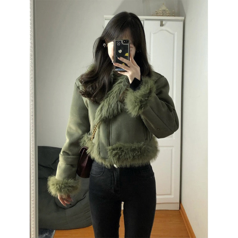 Small fragrant wind fur integrated suede short lamb wool coat women's autumn and winter thickened motorcycle jacket tops