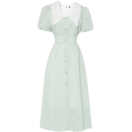 2022 Summer New Fresh and Elegant Embroidered Collar Retro French Tea Break High Waist Waist Swing Dress Mid Length