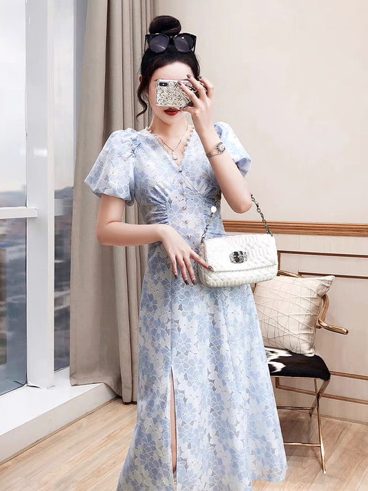 Blue skirt women's clothing 2022 new mid-length v-neck gentle style temperament waist floral skirt summer dress