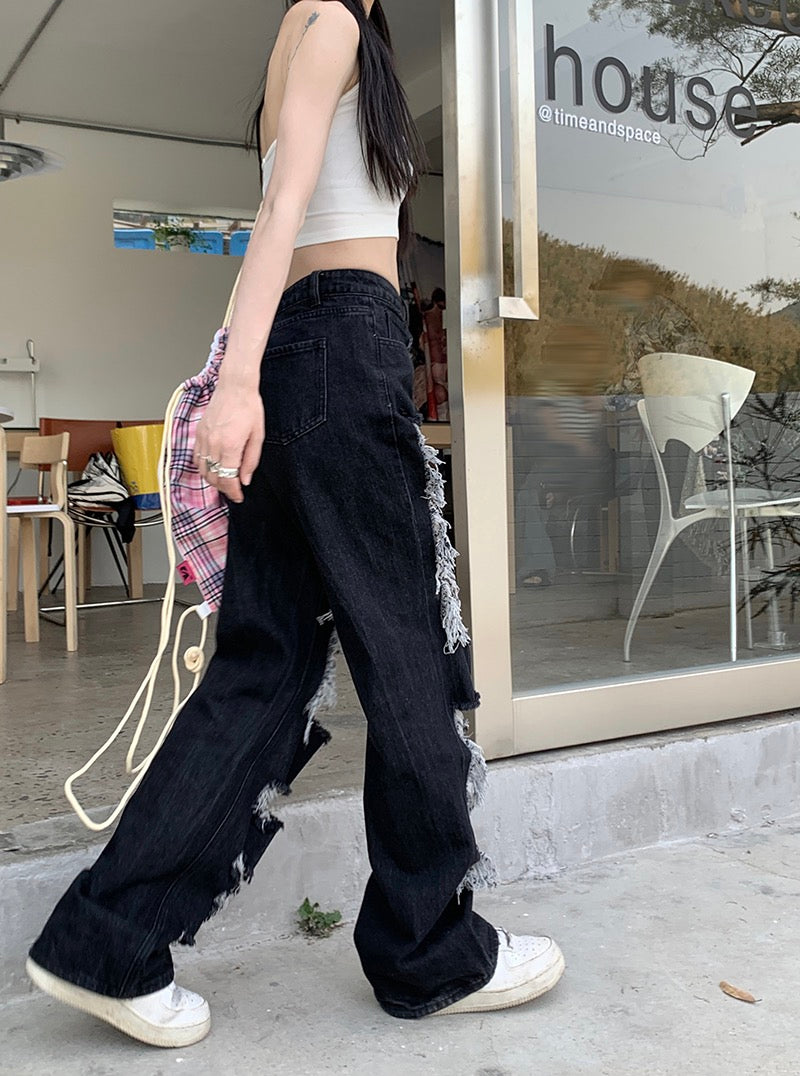 High street ins tide ripped straight jeans female spring American style high waist beggar pants mopping trousers wide leg pants