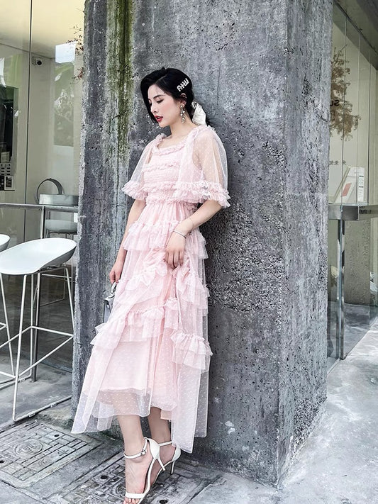Pink French retro mesh dress female summer 2022 new gentle puff sleeve fairy skirt super fairy forest 1419