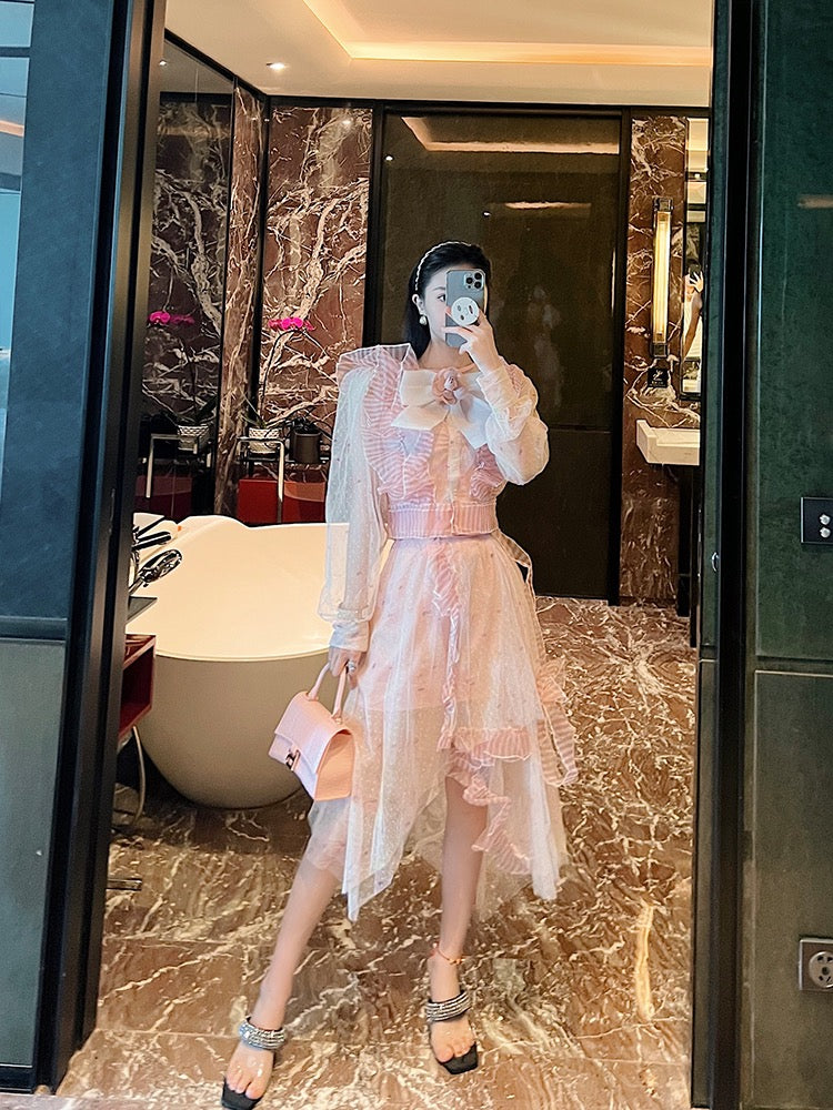 BETTER LS Sweet Suit Skirt Women's Autumn Design Sense of Sunscreen Mesh Shirt Skirt Explosive Two-piece Set