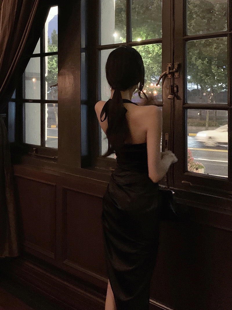 Sexy Halter Neck Dress Summer Backless Dress Skirt Women's French Retro Temperament Split Sling Long Dress Little Black Dress