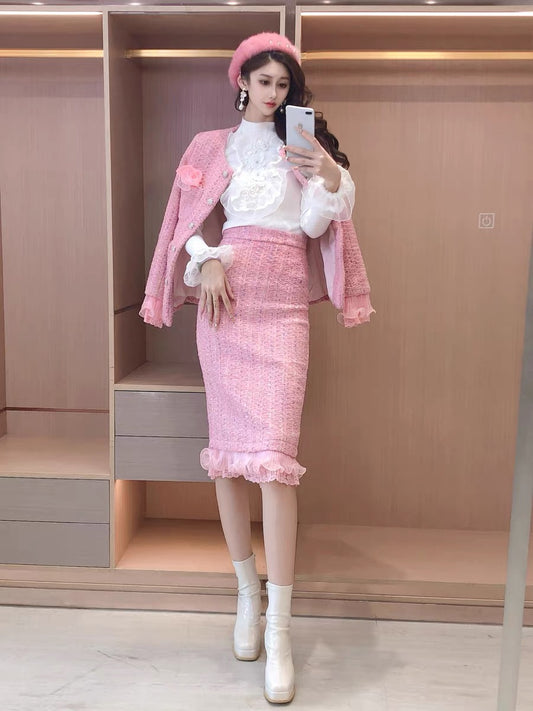 Autumn and winter new suits elegant ladies temperament flower coat high waist lace lace skirt two-piece women