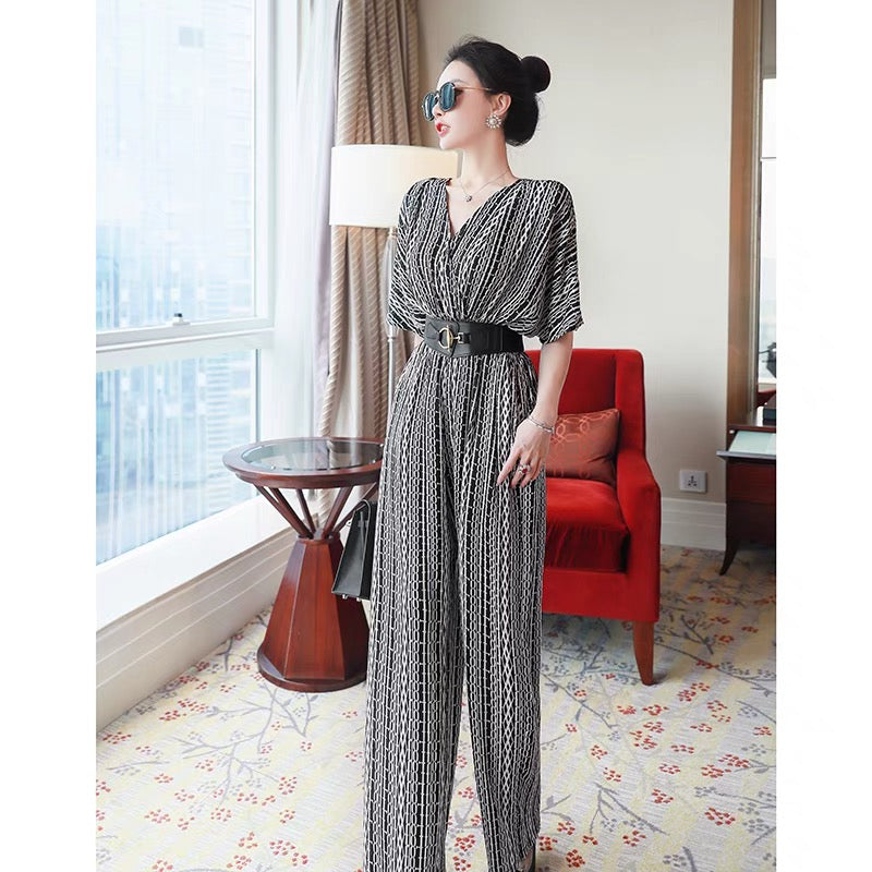 2022 new women's summer temperament jumpsuit goddess fan high-end printing waist loose wide-leg pants ladies jumpsuit