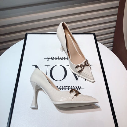Off-white high-heeled shoes women's design sense niche temperament metal buckle pointed crocodile pattern stiletto shoes 2022 new