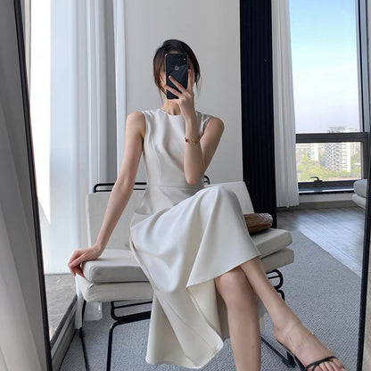 Guoge custom sleeveless dress 2022 summer new high-end sense waist slim temperament goddess fan round neck dress