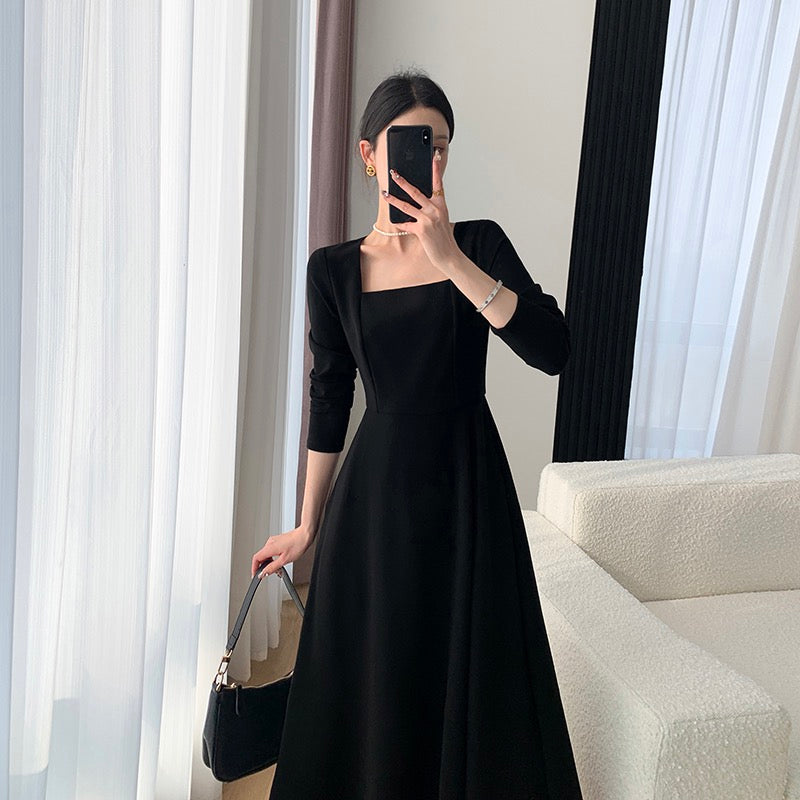 Guoge customized black dress female 2023 spring new square collar slim temperament Hepburn style long-sleeved skirt