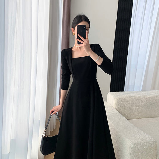 Guoge customized black dress female 2023 spring new square collar slim temperament Hepburn style long-sleeved skirt