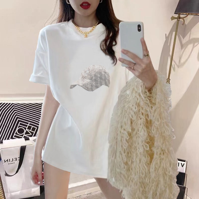 2023 new summer dress black t-shirt women hot diamond big love loose pure mid-length round neck short-sleeved top ins tide