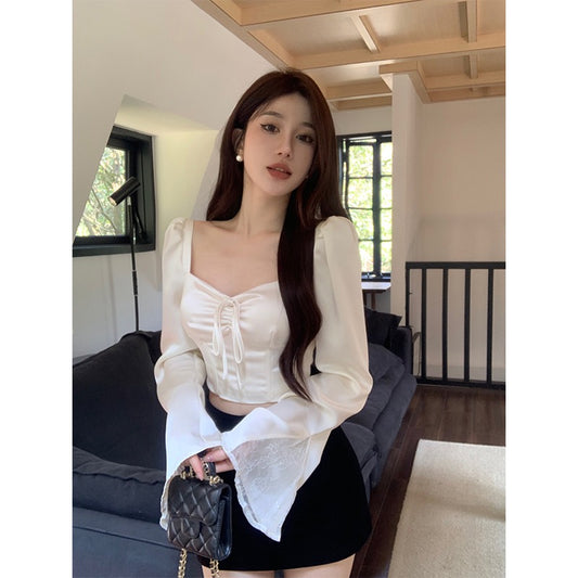 French satin shirt female design sense niche shirt spring short square collar fishbone waist temperament long-sleeved top