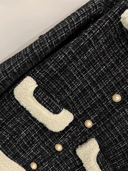 2022 autumn and winter new products black stitching lamb wool short coat women's small fragrance style high design sense all-match tops
