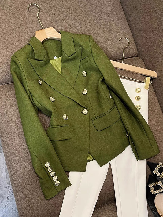 2022 foreign trade fashion jacket self-cultivation high-quality ruffian handsome green linen suit suit jacket female 6858