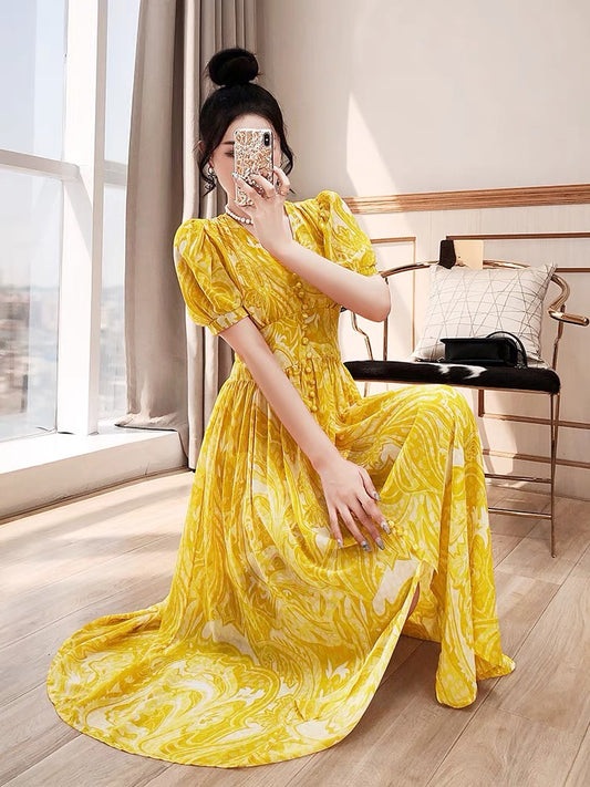 Gentle wind long skirt women's 2022 new summer dress temperament lady wind yellow v-neck floral chiffon dress