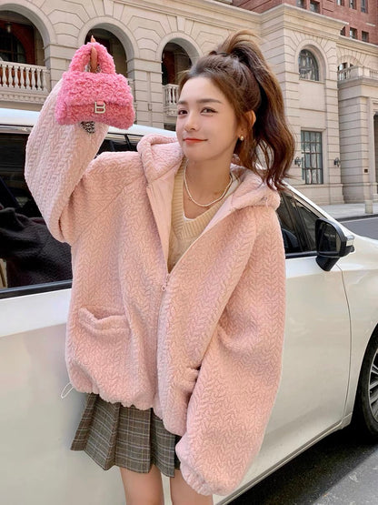 Pink plush short coat women's autumn and winter thickened 2022 new small milk fufu loose hooded cotton coat