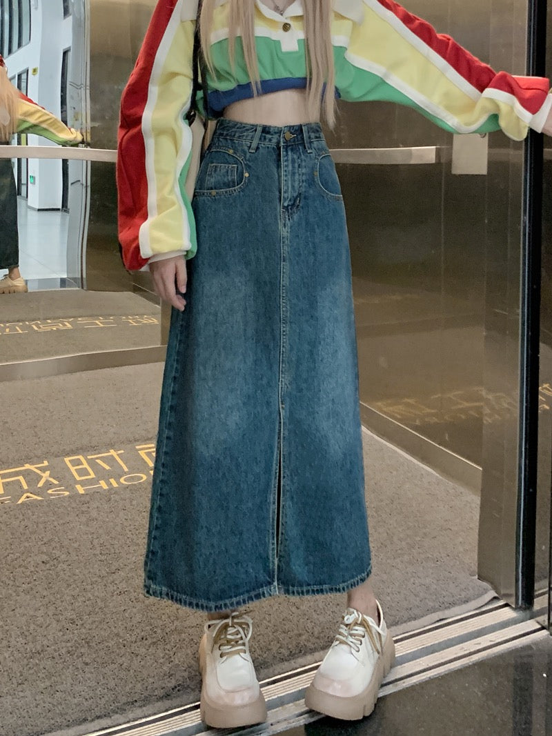 Retro denim skirt design sense slit skirt women's spring small A-line skirt mid-length skirt skirt
