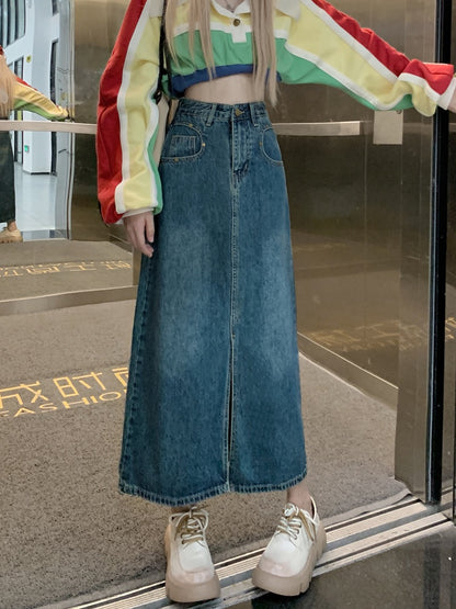 Retro denim skirt design sense slit skirt women's spring small A-line skirt mid-length skirt skirt