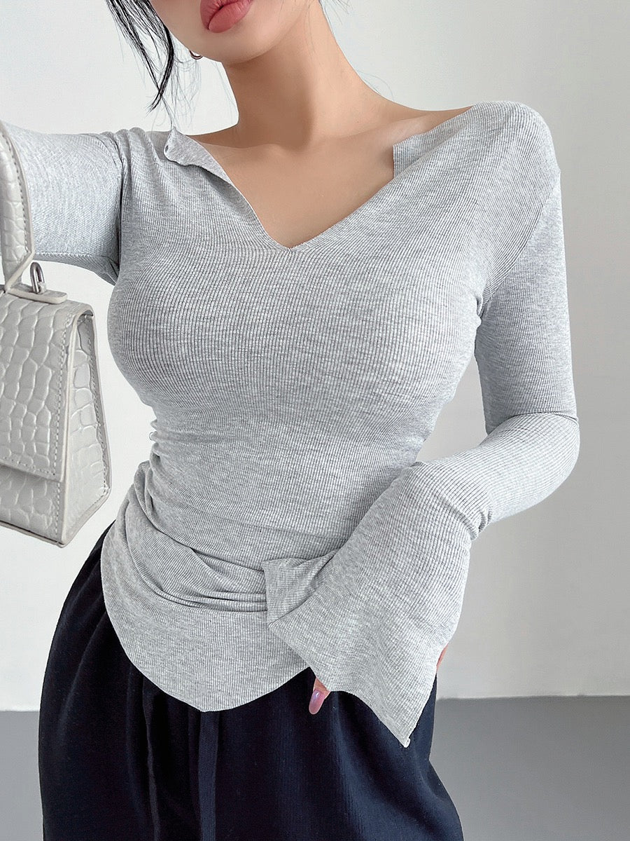 liviahome sexy waist big V-neck long-sleeved T-shirt bottoming shirt female pure desire hot girl tight-fitting small top