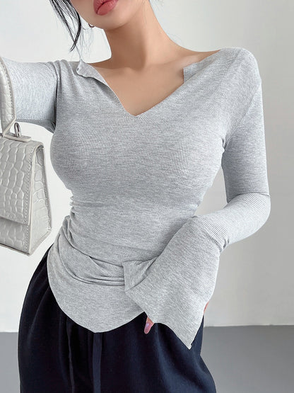 liviahome sexy waist big V-neck long-sleeved T-shirt bottoming shirt female pure desire hot girl tight-fitting small top