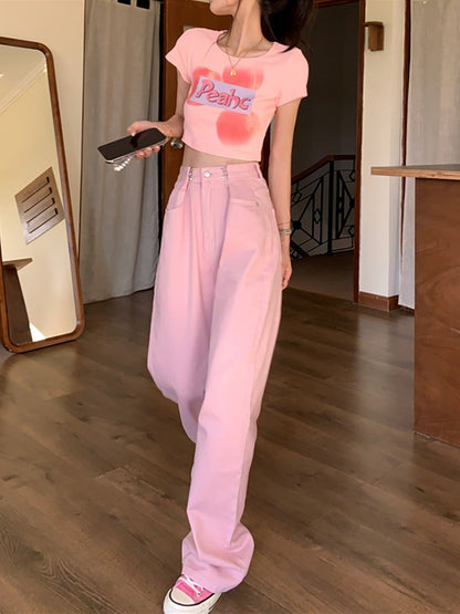 Short-sleeved front shoulder T-shirt women's summer 2023 new pure desire sweet hot girl style self-cultivation short section navel printing top ins