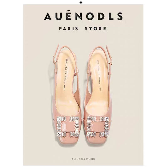 AUENODLS leather nude pink back strap rhinestone square head thick heel single shoes square buckle Baotou Mary Jane sandals women