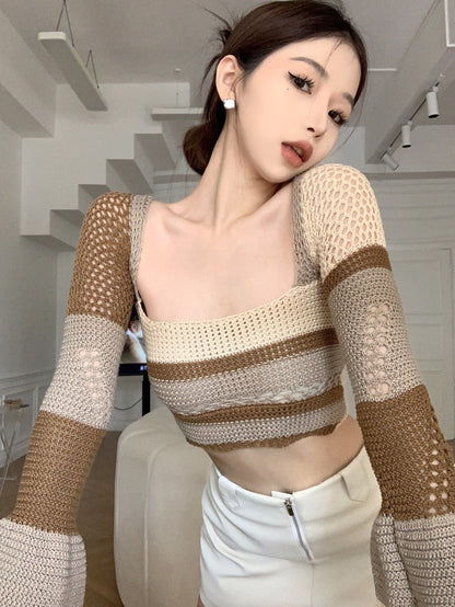 Hollow knitted bottoming shirt women's spring pure desire short hot girl square collar sexy slim long-sleeved inner sweater top