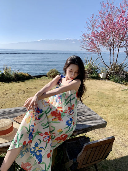 Seaside holiday beach skirt female summer 2022 new print suspender dress Sanya travel photo long skirt
