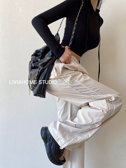liviahome American retro high waist all-match sports casual pants women's loose slimming sports pants trousers