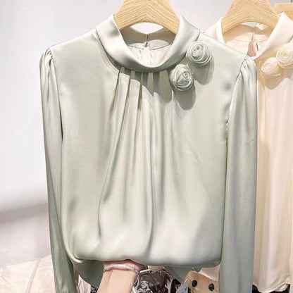2022 new French temperament thin stand-up collar flower solid color pullover long-sleeved chiffon shirt women's autumn thin shirt