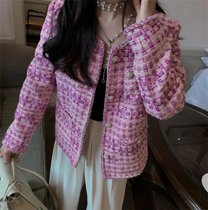 Pink tweed small fragrance coat women's 2022 autumn and winter new temperament ladies high-end sense thin and light luxury top