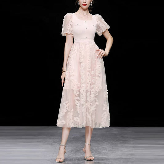 2022 summer new fashion and elegant lantern sleeves knitted waist and large swing embroidered mesh temperament women's dress