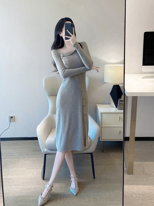 Knitted dress autumn and winter women's 2023 new temperament celebrity self-cultivation pure desire style design sense mid-length bottoming skirt