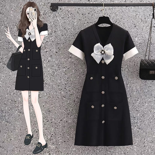 2022 plus size women's summer dress small fragrance temperament knitted dress V-neck bow slim black A-line skirt
