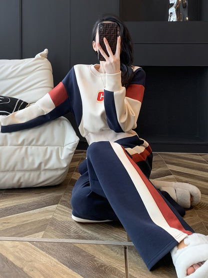 European sports and leisure suit women's autumn and winter fashion western style age reduction high-end fleece sweater wide-leg pants two-piece set