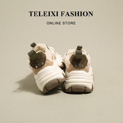 TELEIXI Mousse Cheese~Lamb wool thick-soled plus velvet daddy shoes women's autumn and winter new leather warm cotton shoes