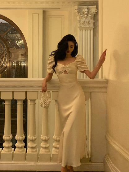 French Square Neck Puff Sleeve Dress Women 2023 Summer New Gentle Wind Retro Temperament Waist Satin Long Dress