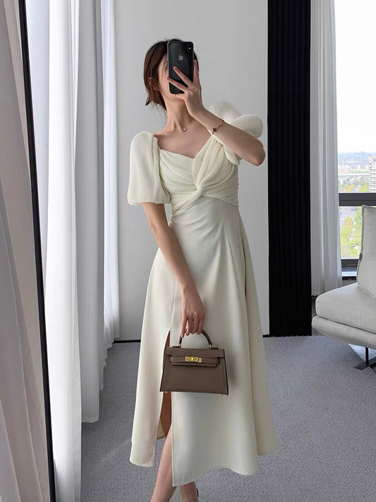 FT GUOGE white dress 2022 summer new square neck puff sleeves temperament goddess fan split long skirt