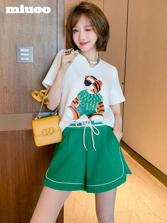 miuco cartoon printing comfortable T-shirt + sports and leisure leggings long shorts suit female 2022 summer new